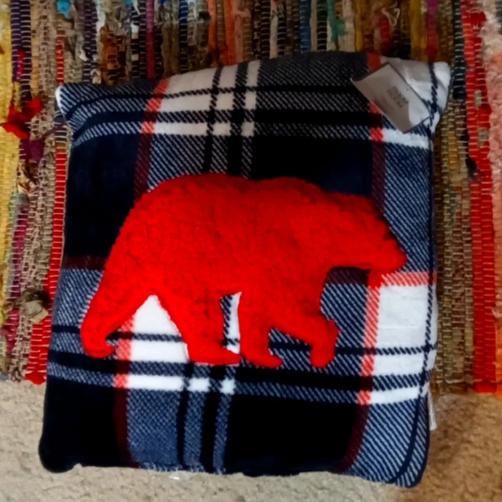 Seasonal plaid pillow with red bear